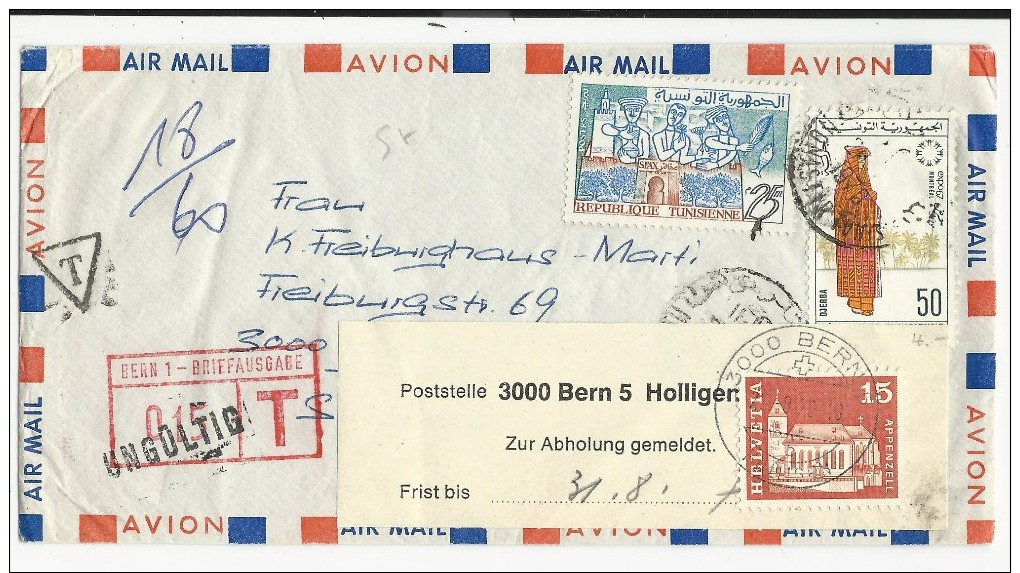 1970 - ENVELOPPE De TUNISIE Pour BERN Avec TAXE TAMPON SURCHARGEE "UNGÜLTIG" - Poststempel