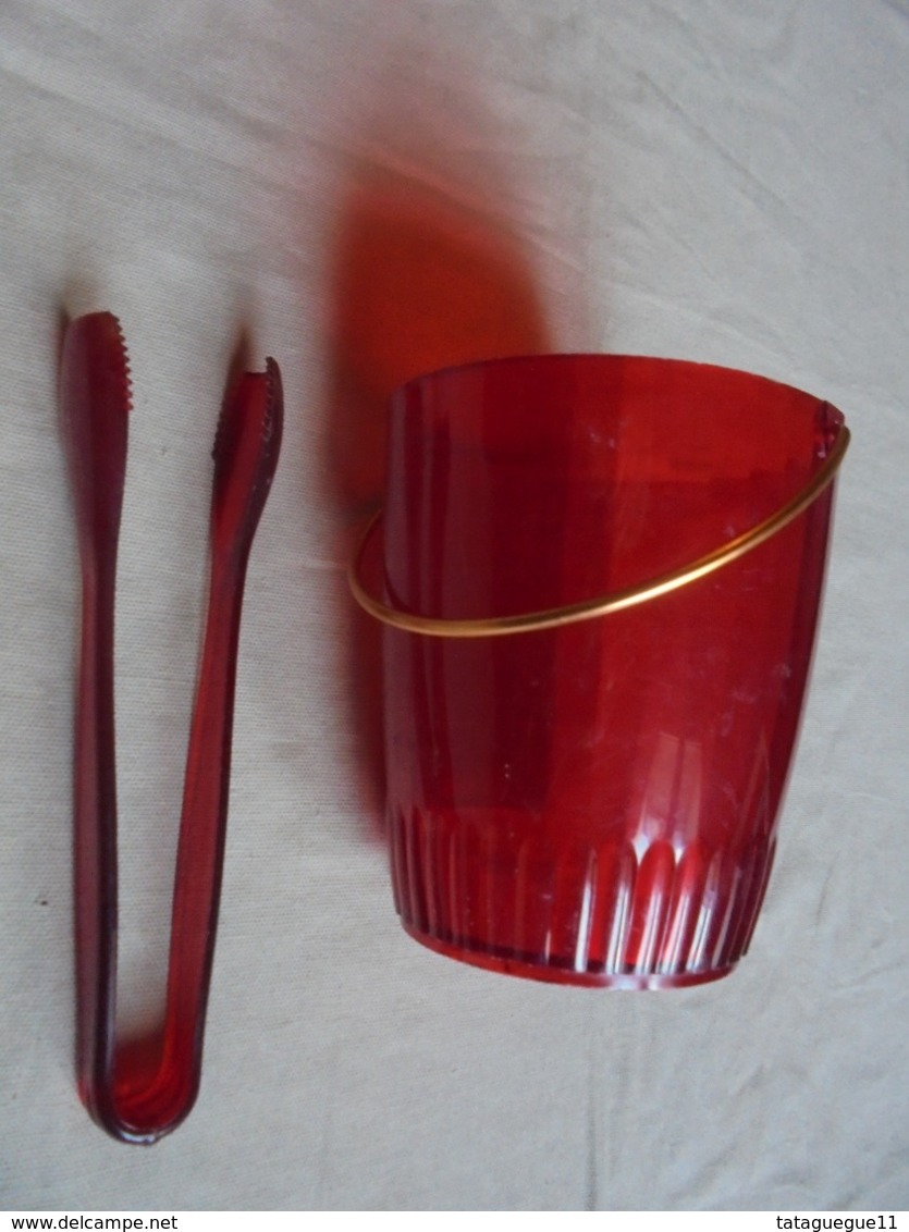 Vintage - Seau/pot à glace + pince à glaçons Plastique rouge Années 70