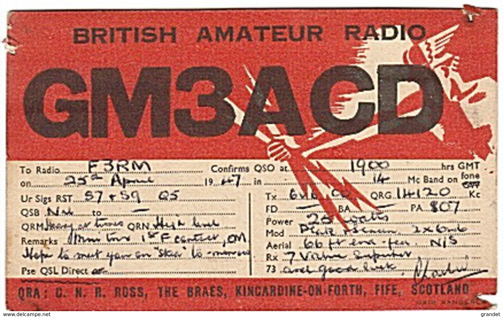 CARTE - RADIO - QSL - ANGLETERRE - ENGLAND - KINCARDINE - FIFE - SCOTLAND - 1947 - - Radio Amateur