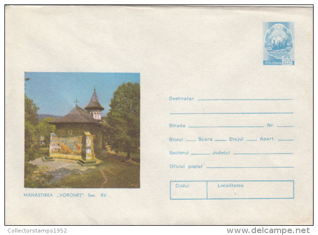 43590- VORONET MONASTERY, ARCHITECTURE, COVER STATIONERY, 1976, ROMANIA - Abbeys & Monasteries