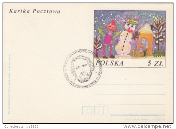 43719- ARCTOWSKI-POLAR EXPLORER, SPECIAL POSTMARK ON CHILDRENS PAINTING POSTCARD STATIONERY, 1987, POLAND - Explorateurs & Célébrités Polaires
