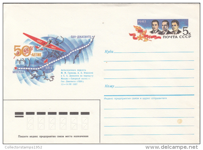 43728- MOSCOW-SAN JACINTO FLIGHT OVER THE NORTH POLE, COVER STATIONERY, 1987, RUSSIA-USSR - Vols Polaires