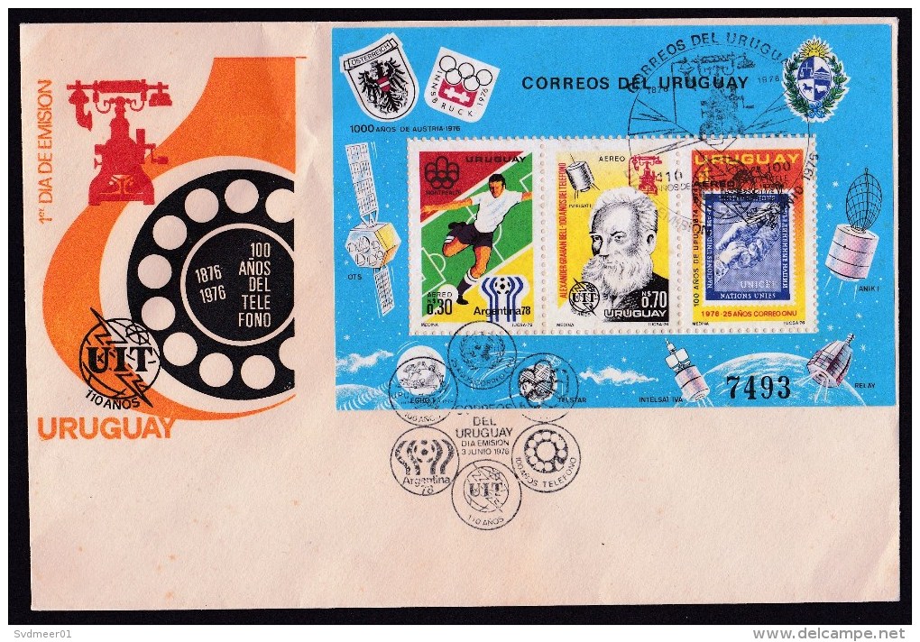 Uruguay: FDC First Day Cover, 1976, Souvenir Sheet, Telephone, Graham Bell, Satellite, Olympics, Soccer (traces Of Use) - Uruguay
