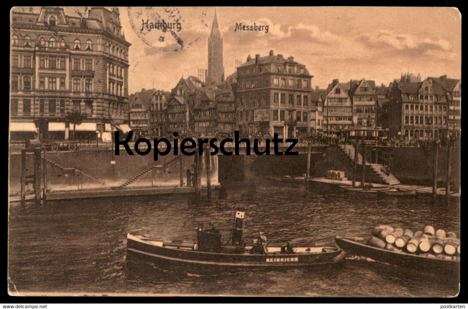 ALTE POSTKARTE HAMBURG MESSBERG BOOT HEINRICH SCHIFF Dampfer Frachtschiff Ship Leibniz Cakes Ansichtskarte Postcard Cpa - Tugboats