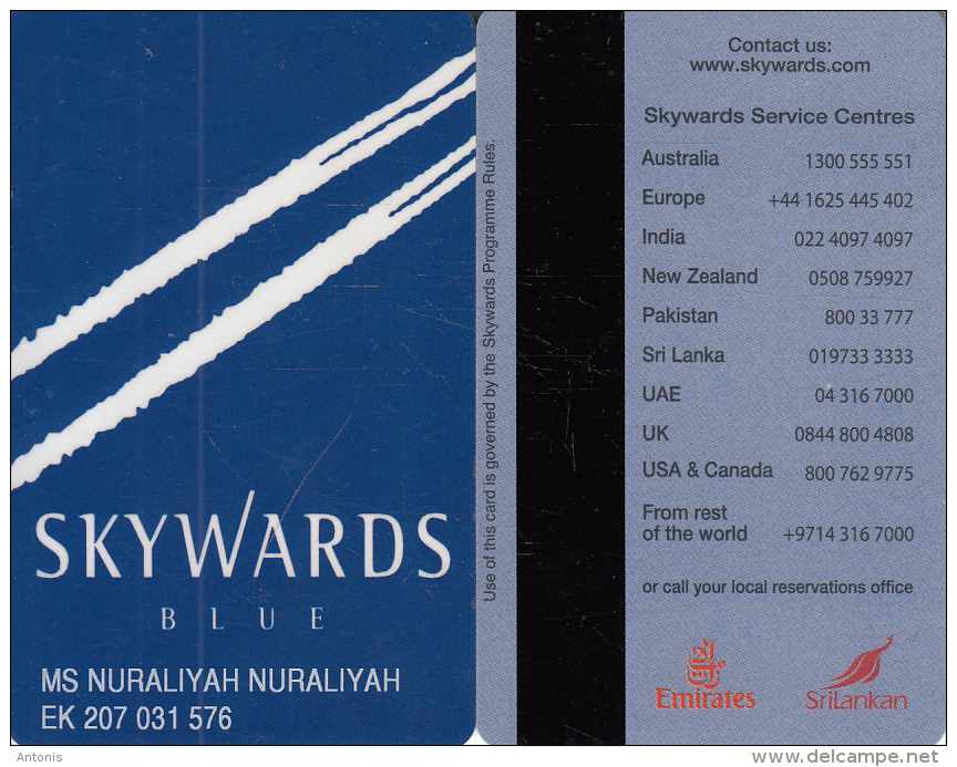U.A.E. - Emirates Skywards(blue) Privilege Member Card, Used - Airplanes