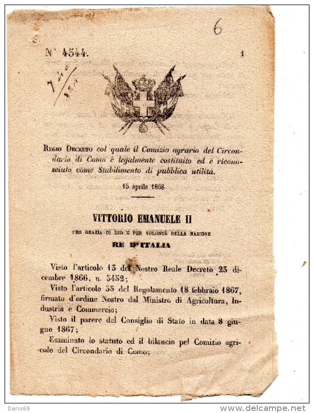 1868 DECRETO COL QUALE IL COMIZIO AGRARIO COMO - Décrets & Lois