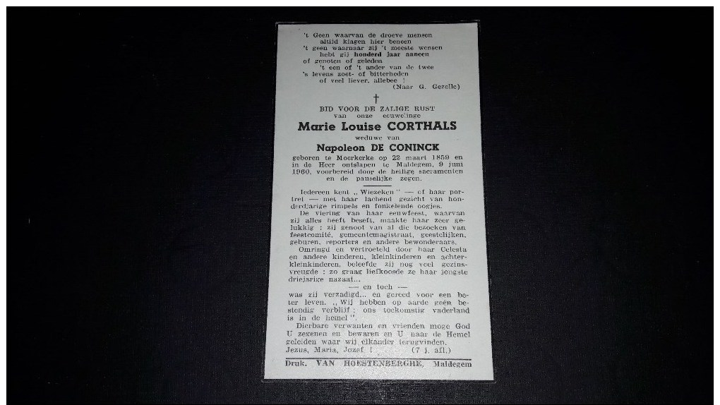 Marie Louise CORTHALS, 101 Jarige Geb Te MOERKERKE 1859 - Overl Te MALDEGEM 1960. 2 Scans - Images Religieuses