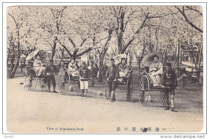 Yokohama Japan, View Of City Park, Women With Umbrellas Ride Rickshas, Fashion C1900s Vintage Postcard - Yokohama