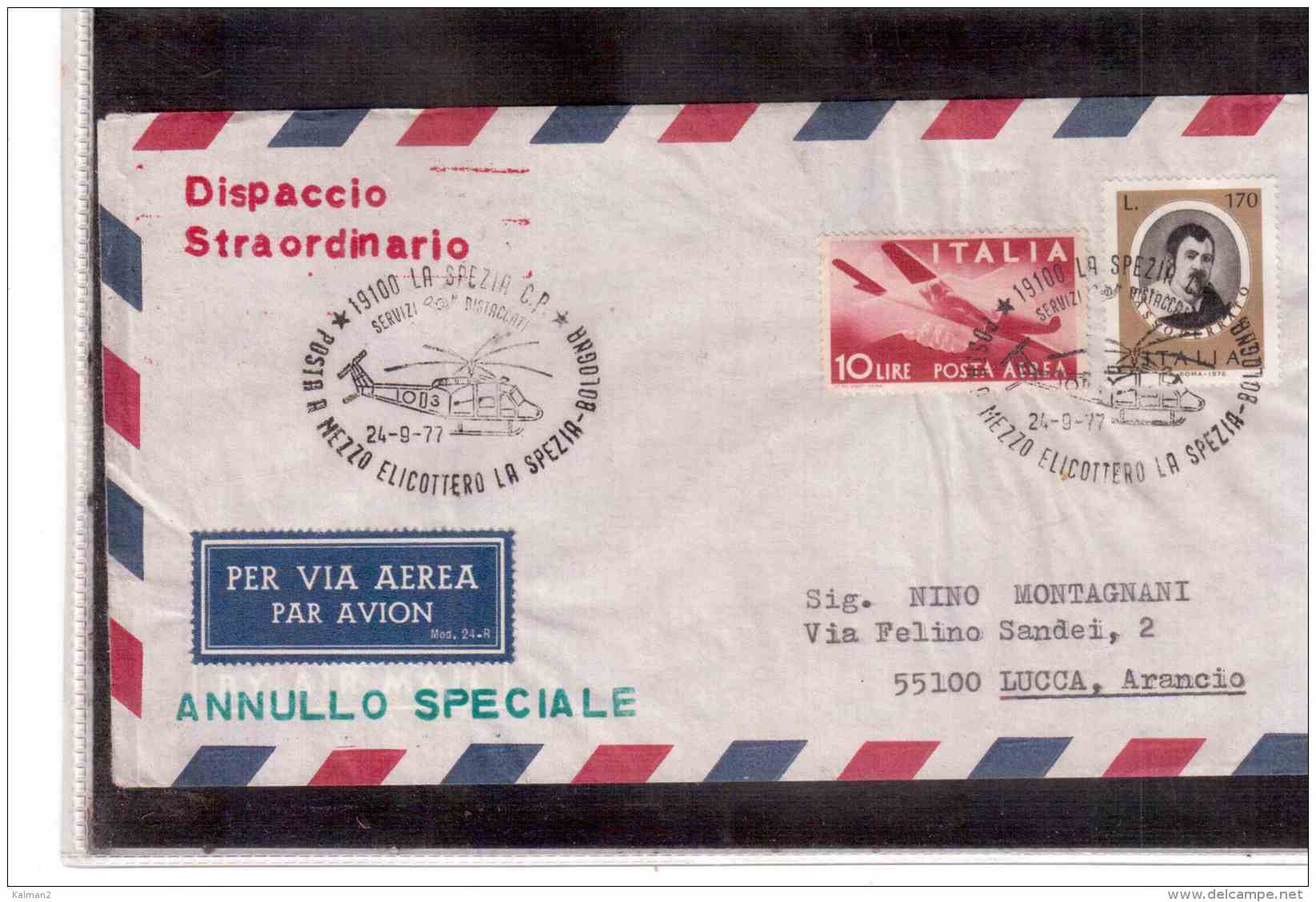TEM9410  -     LA SPEZIA  24.9.1977    /    POSTA A MEZZO ELICOTTERO  LA SPEZIA/BOLOGNA - Elicotteri