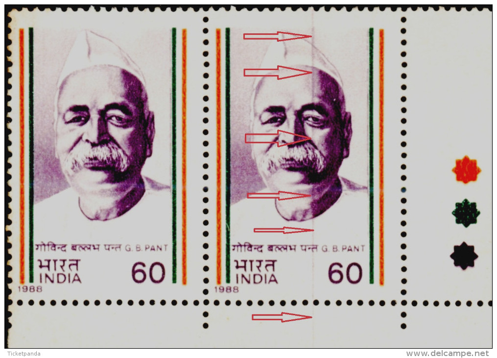 FAMOUS PEOPLE-GOVIND BALLABH PANT-PAIR-TRAFFIC LIGHTS-ERROR-DOCRO'S BLADE-INDIA-1988-MNH-TP-133 - Errors, Freaks & Oddities (EFO)