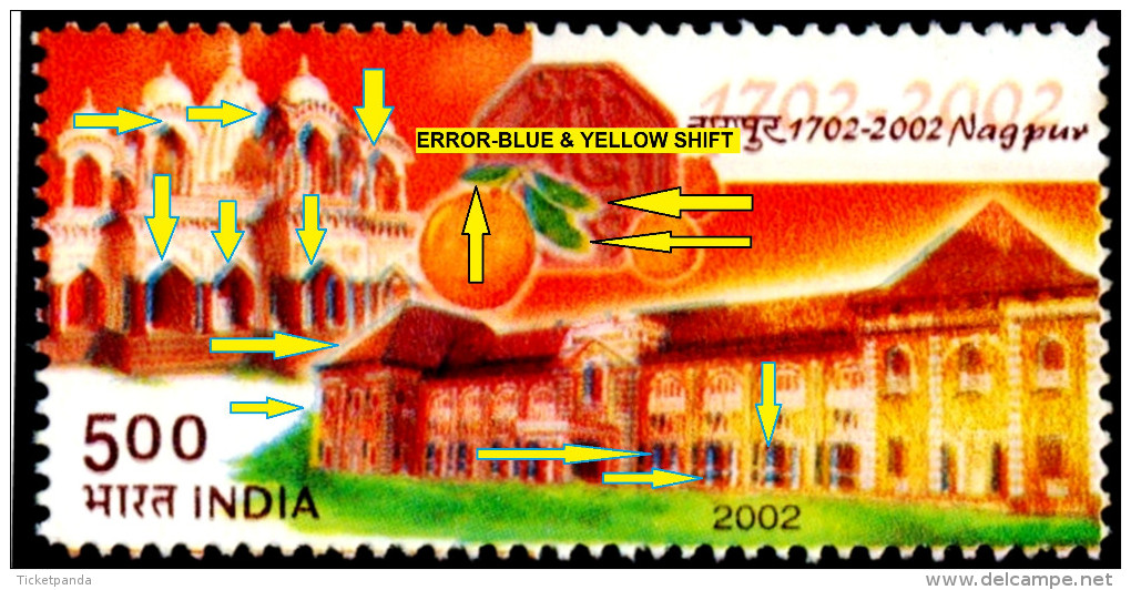 NAGPUR-THE ORANGE CITY-MASSIVE ERROR-COLOR SHIFTED-INDIA-2002-MNH-TP-140 - Plaatfouten En Curiosa