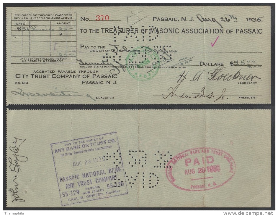 FRANC MACONNERIE - MASONIC / 1935 CHEQUE BANCAIRE "MASONIC ASSOCIATION OF PASSAIC" (ref 3653) - Religion & Esotérisme