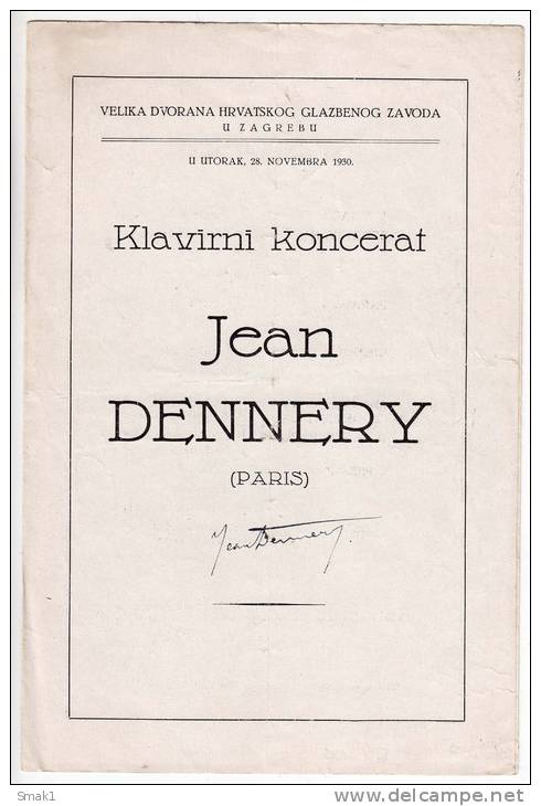 MUSICIANS JEAN DENNERY PIANIST PARIS AUTOGRAPH FLYER FOR CONCERT PROGRAM - Music And Musicians