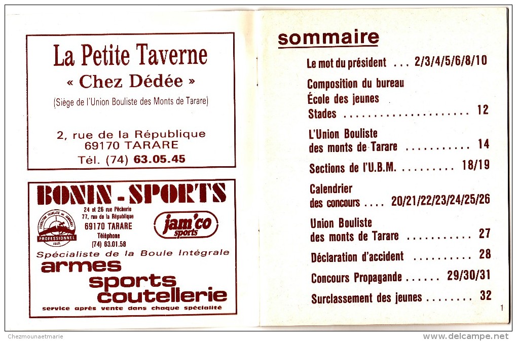 L UNION BOULISTE DES MONTS DE TARARE - 1982 - BOULES - RHONE 69 - LIVRET 32 PAGES PUBLICITE - Reclame