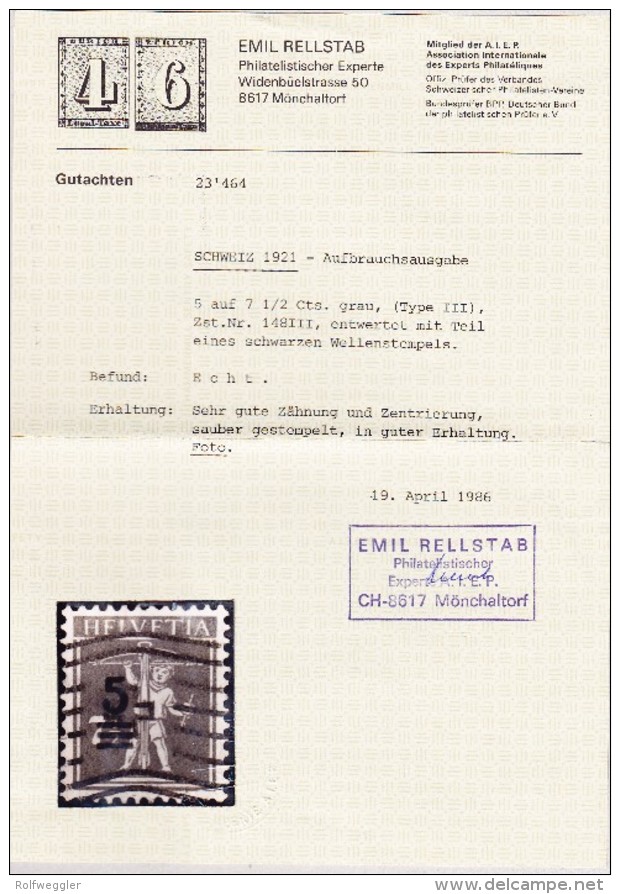 Schweiz Tellknabe #148III 5Rp Auf 7 1/2 Seltene Typ III Gestempelt Attest Rellstab - Used Stamps