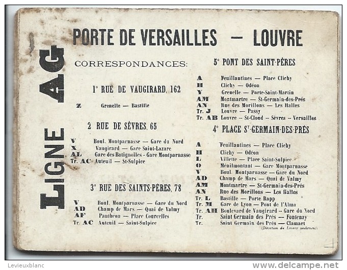 OMNIBUS / Ligne AG /Paris/ Nouveaux itinéraires illustrés/ Porte de Versailles -Louvre/Vers 1885-1895   TRA23