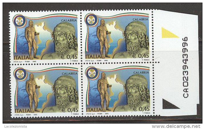 A505  FRANCOBOLLI QUARTINA CALABRIA  REGIONI D´ITALIA 2005 CON MATRICE MATRICOLA NUMERI DI SERIE NUOVI - 2001-10: Mint/hinged