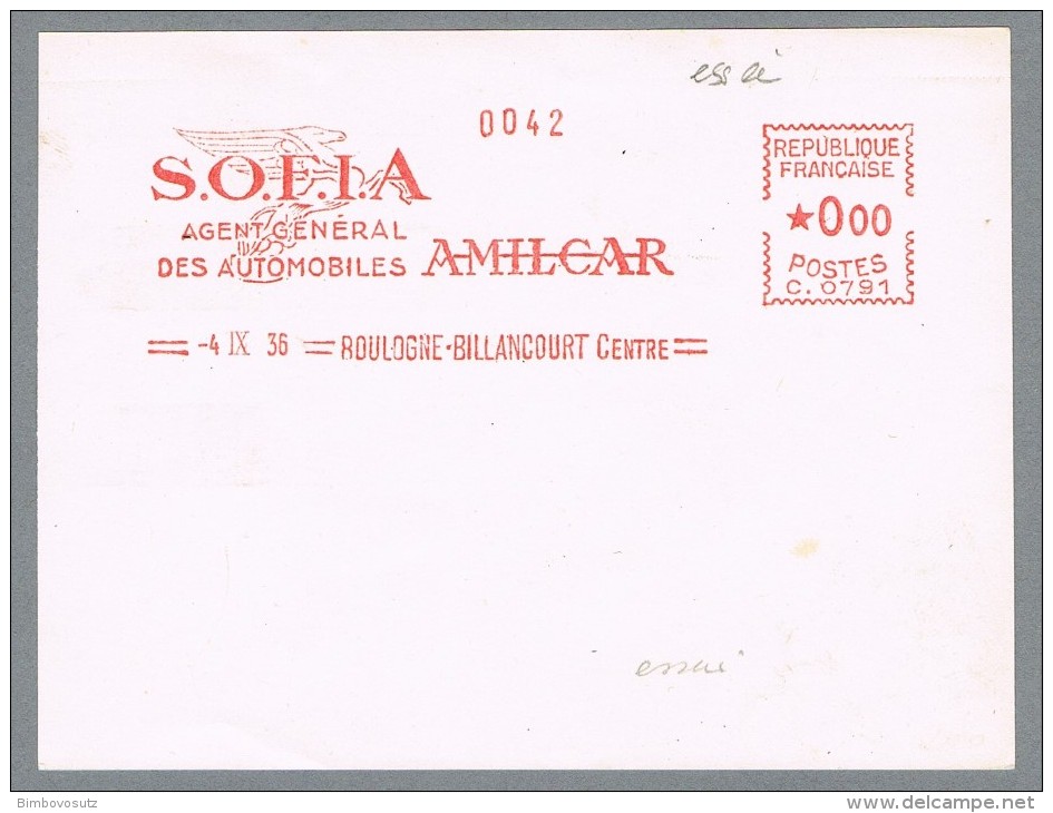 Frankreich 1936 Freistempel SOFIA  Essai - Amilcar - - Specimen