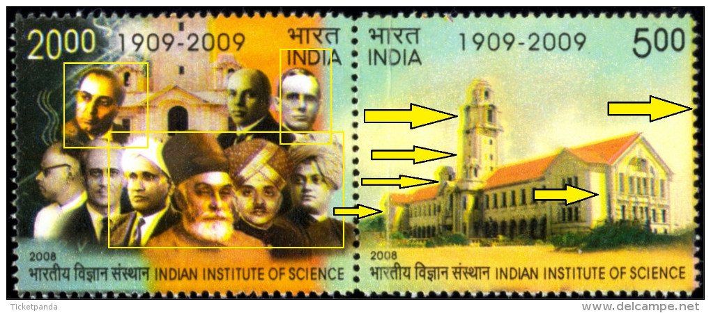 INDIAN INSTITUTE OF SCIENCE-SETENANT PAIR-ERROR-INDIA-2008-TP-203 - Variétés Et Curiosités