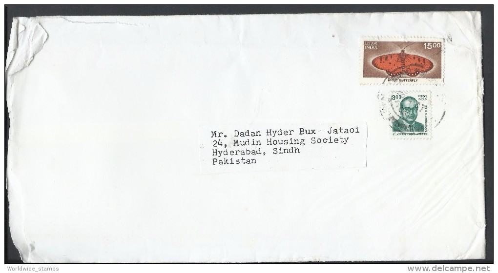 India Airmail 2002 Butterfly 15r, Dr. B.R Ambedkar Postal History Cover Sent To Pakistan - Lettres & Documents