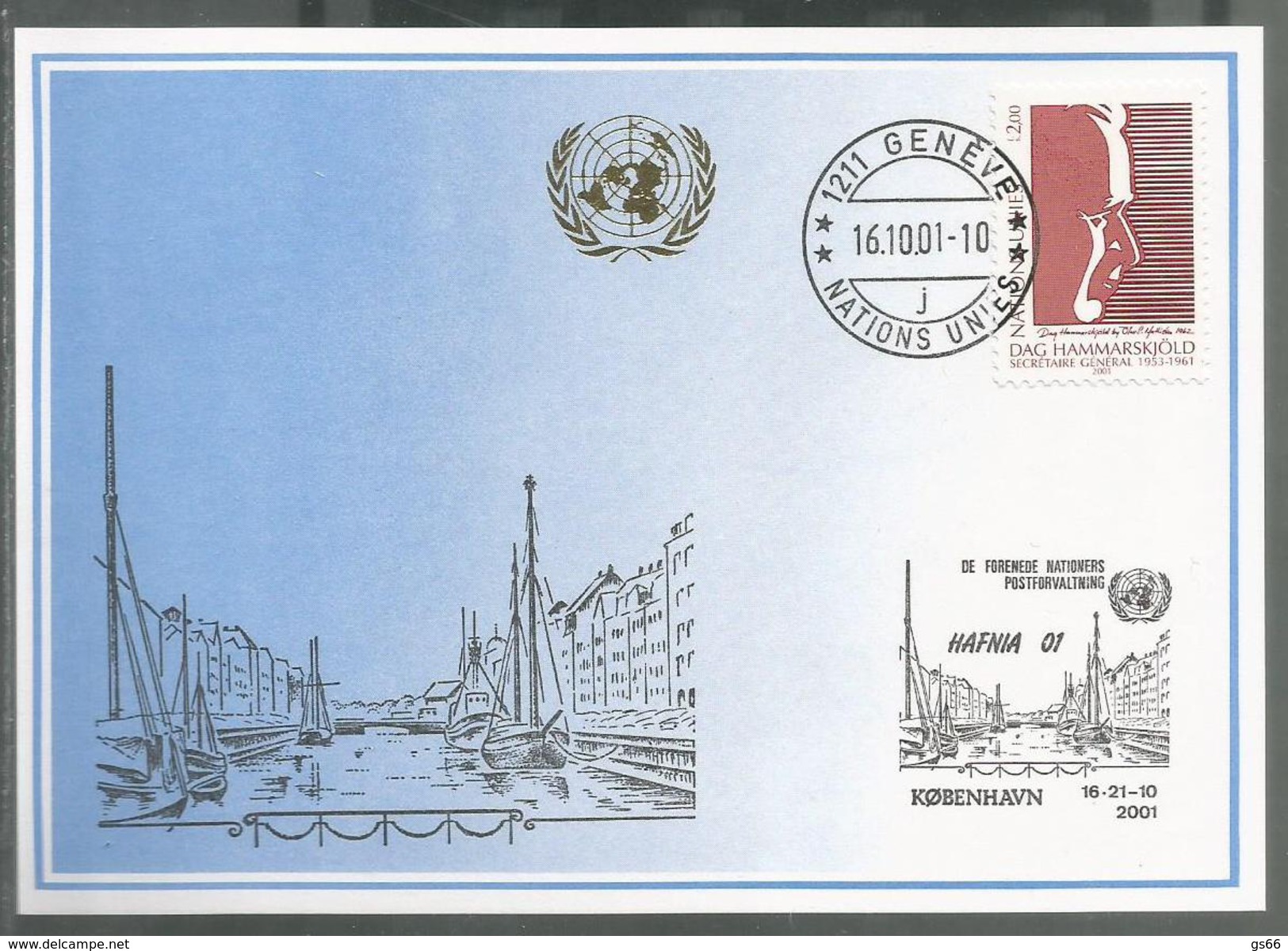 UNO-Genf, 2001, Blaue Karte, Show Card, HAFNIA Kopenhagen - Briefe U. Dokumente