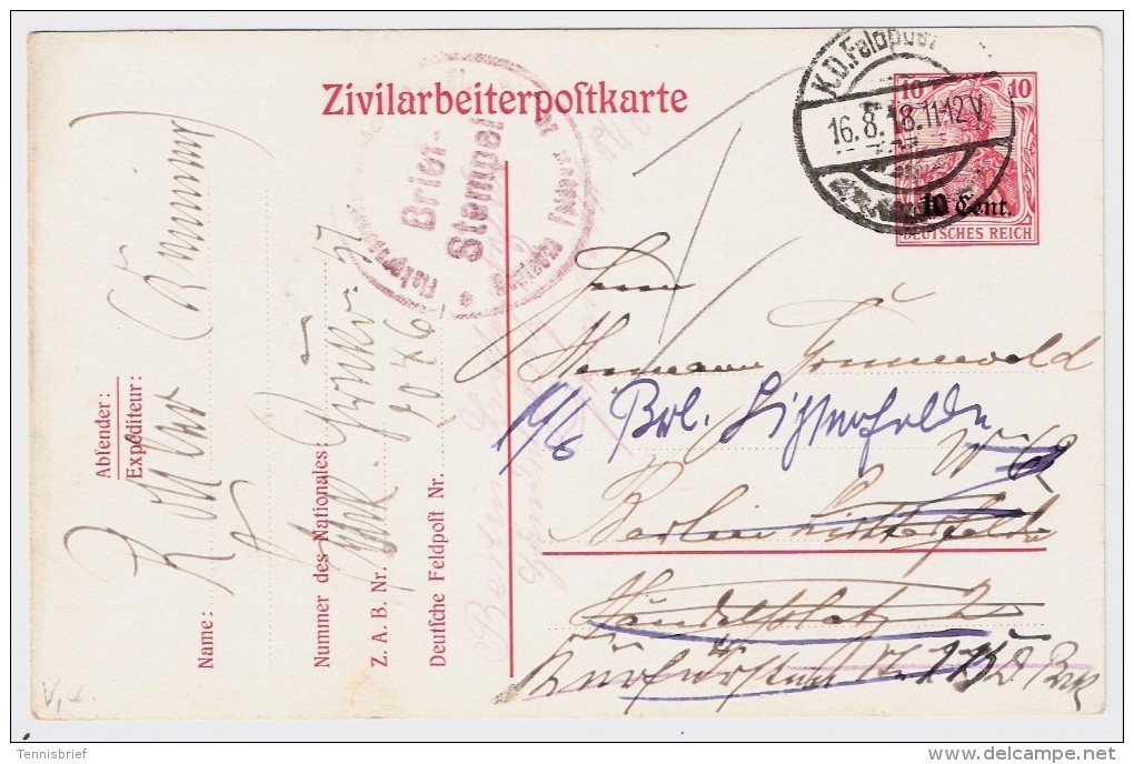 Dt. Post Belgien ,Etapen, 1918, Zivilarbeiterpostkarte " Bedarf ! , #5851 - Occupation 1914-18