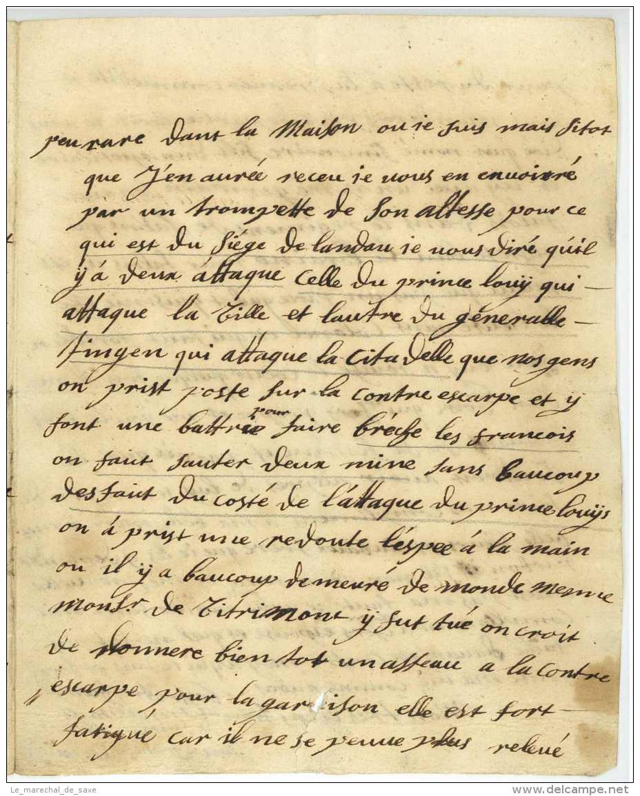 BELAGERUNG VON LANDAU 1702 - Spanischer Erbfolgekrieg - Historischer Brief - Lorraine Thüngen Ragotzky - Historical Documents