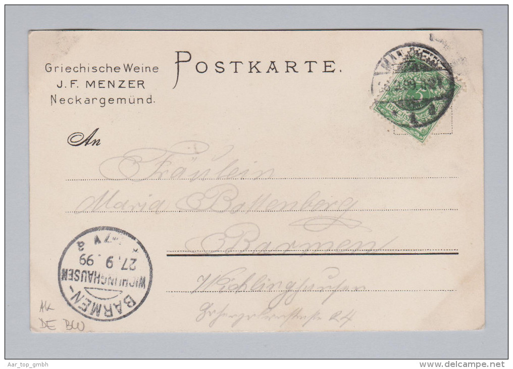 AK DE BW NECKARGEMÜND 1899-09-26 Mannheim Werbekarte Wein-grosshandlung JF Menzer - Neckargemuend