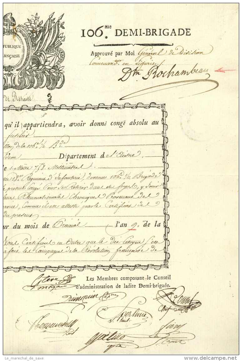 ARMEE D'ITALIE - 106e DB - Sampierdarena Genova 1801 - Generaux ROCHAMBEAU Et ROUSSEL Pierfont - Documents Historiques