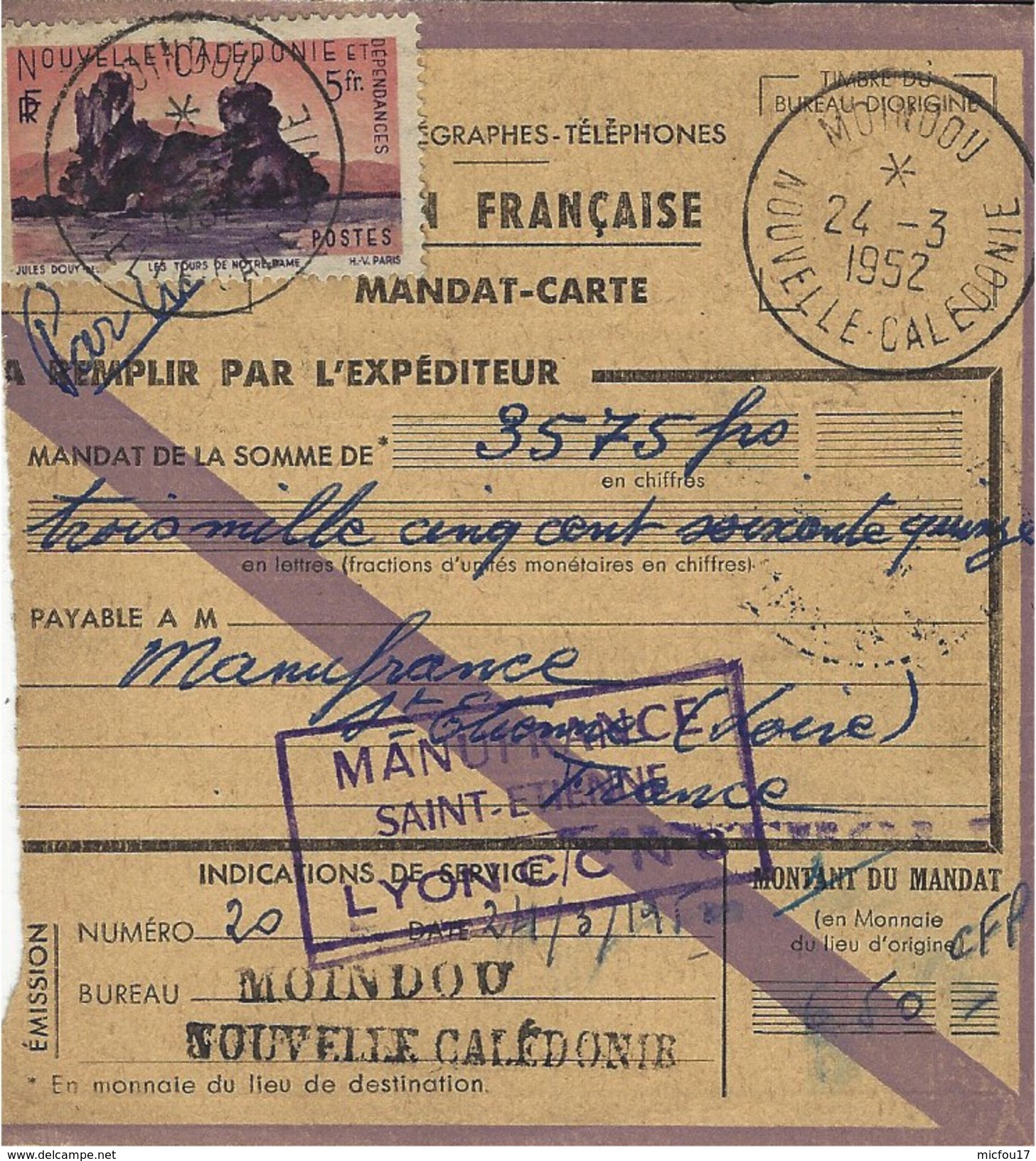 1952- Mandat-carte De  MOINDOU  - Taxe 5f.  Mandat De 3.575 F. - Covers & Documents
