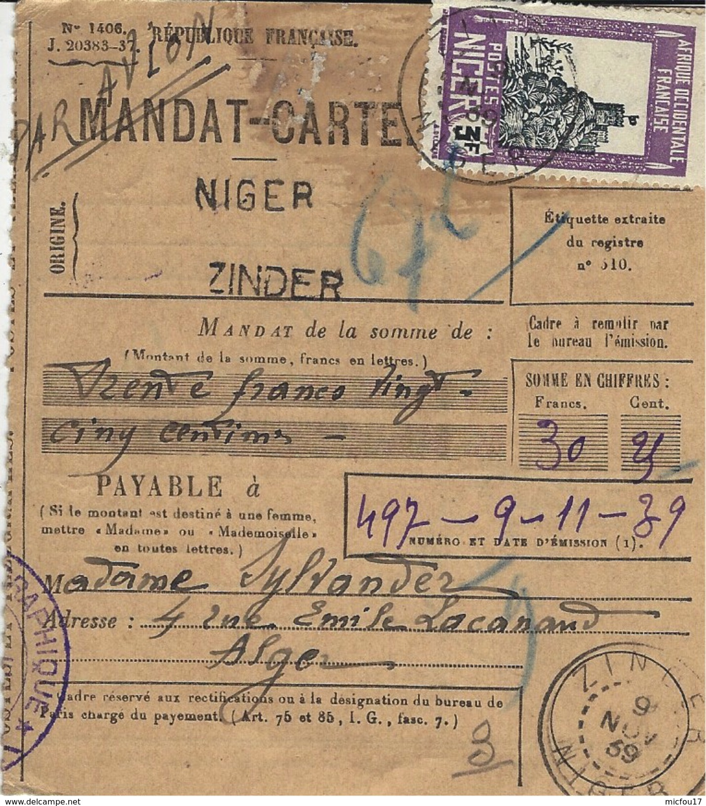 1939- Mandat-carte De  ZINDER - Taxe 3 F.  Mandat De  30,25 F - Cartas & Documentos