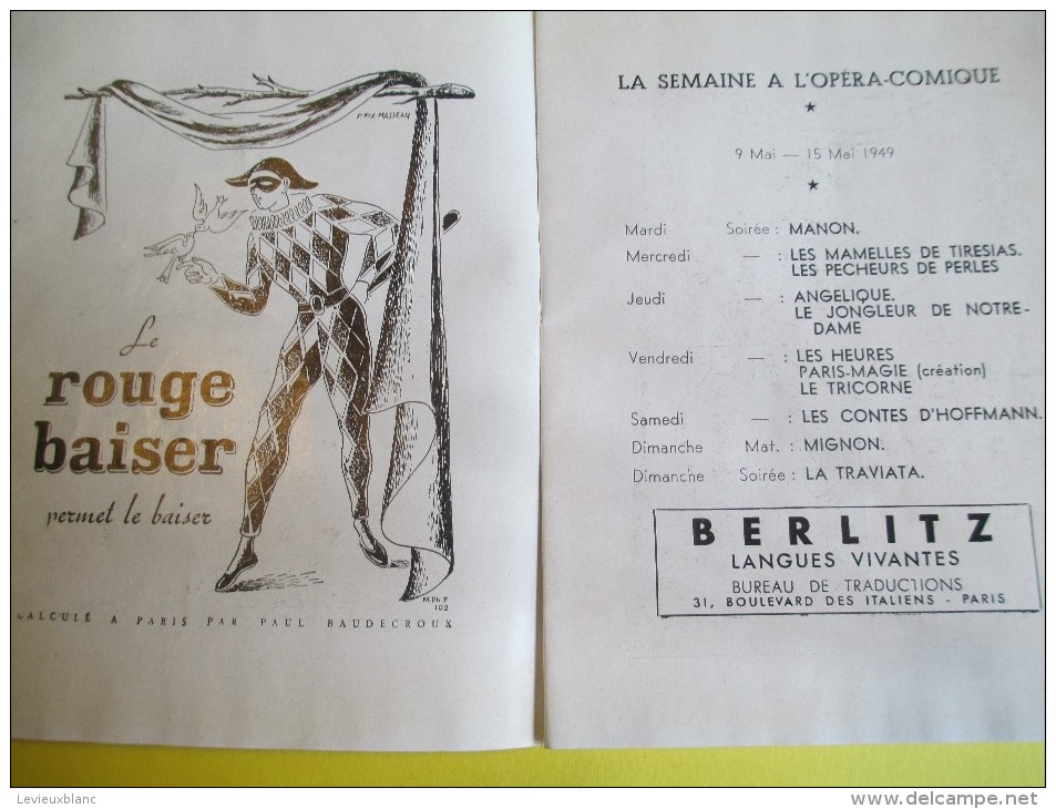 Théatre National De L'Opéra Comique / Mignon/Opéra Comique 3 Actes  4 Tableaux/Jules Barbier /Michel Carré/1949   PROG88 - Programmes