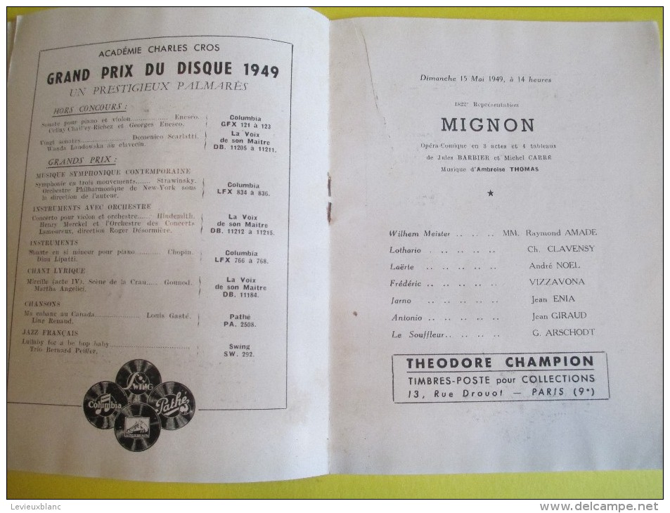 Théatre National de l'Opéra Comique / Mignon/Opéra Comique 3 actes  4 tableaux/Jules Barbier /Michel Carré/1949   PROG88