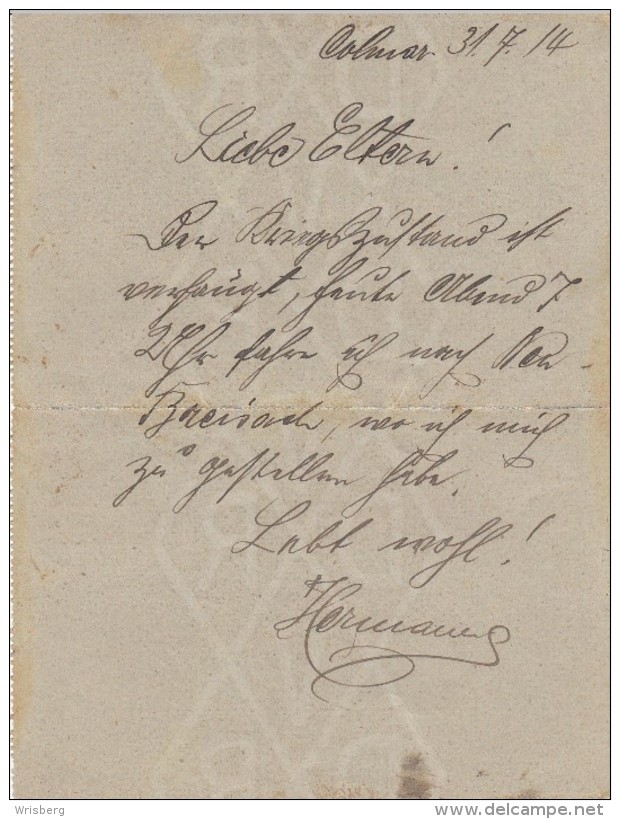 Kartenbrief Michel K 13 Obl COLMAR Du 31.7.14 Et Cachet De Censure De COLMAR - Texte Concernant La Mobilisation De 1914 - Cartas & Documentos