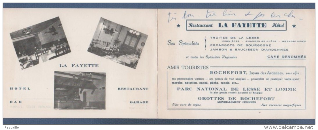 CARTE COMMERCIALE + PLAN HOTEL RESTAURANT LA FAYETTE - RUE JACQUET - ROCHEFORT - TRUITES DE LA LESSE ESCARGOTS JAMBON .. - Visiting Cards