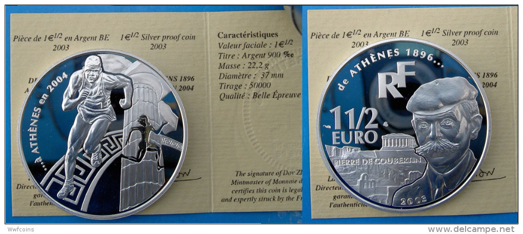 FRANCE 1,5 E 2003 ARGENTO PROOF FRANCE EURO PIERRE DECUBERTIN ATHTLETICS ATHENS 2004 PESO 22,2g TITOLO 0,900 - France