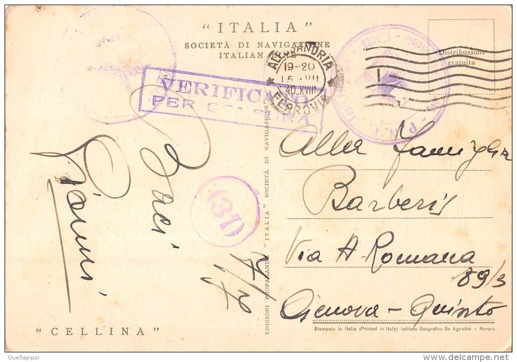 04405 "PIROSCAFO CELLINA - ITALIA SOCIETA' DI NAVIGAZIONE - ITALIAN LINE" VERIFICATO PER CENSURA - CART. SPED 1940 - Banques