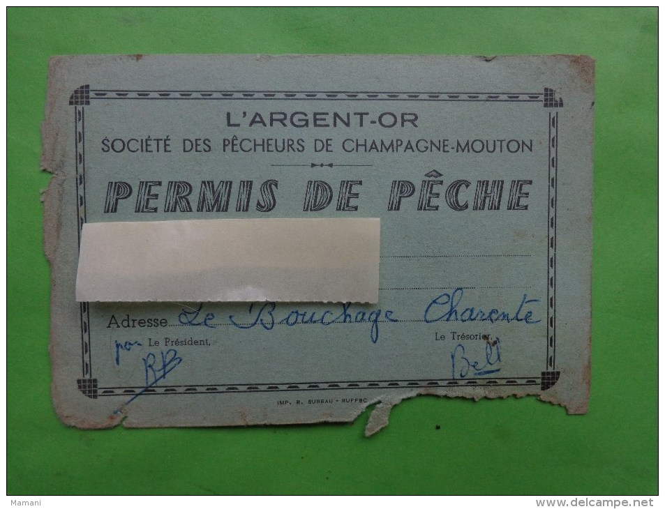 Carte Permis De Peche L'argent-or Societe Des Pecheurs De Champagne Mouton - Autres & Non Classés