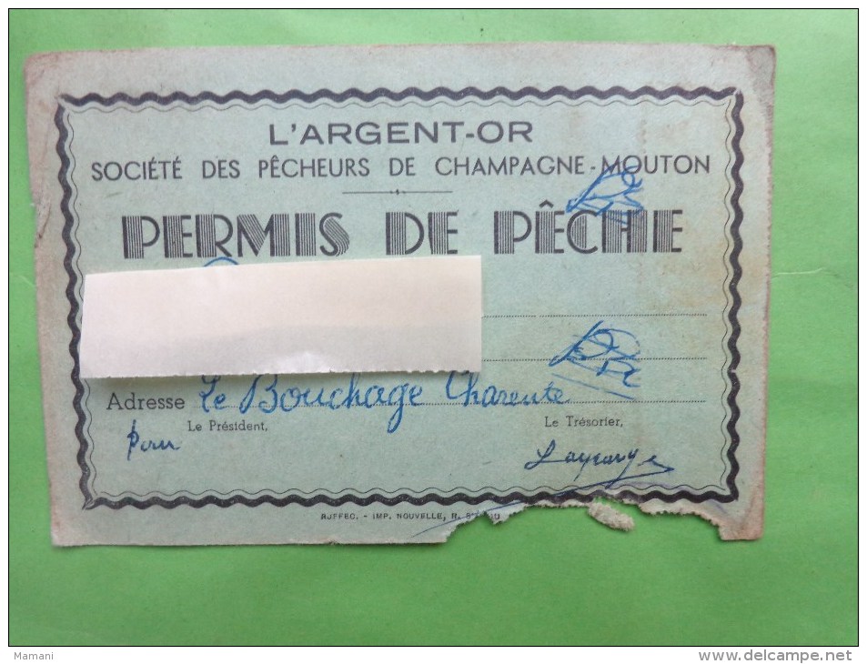 Carte Permis De Peche L´argent-or Societe Des Pecheurs De Champagne Mouton - Autres & Non Classés