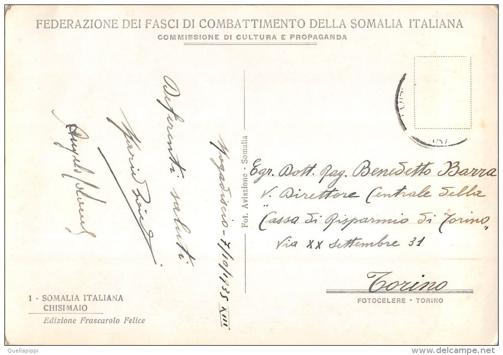 04415 "SOMALIA ITALIANA - CHISIMANO - FEDERAZ.NE DEI FASCI DI COMBATTIMENTO DELLA SOMALIA IT." CART. SPED 1935 - Somalia