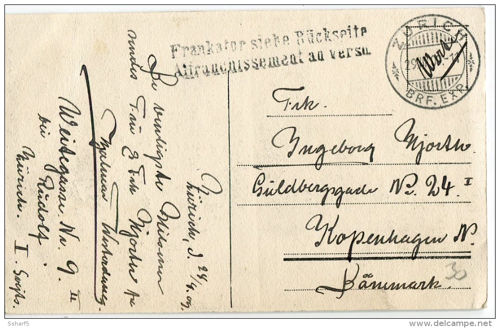 Zürich Dampfschwalbe Mit Dampf Stempel "FRANKATUR Siehe Rückseite Affranchissement Au Verso" 1909 - Zürich