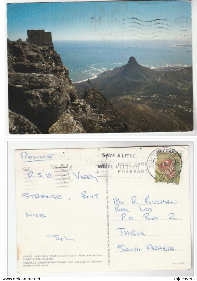 SOUTH AFRICA Postcard UPPER CABLEWAY STATION Mountain Cover Cape To Saudi Arabia Stamps Slogan Save Litre Write Letter - South Africa