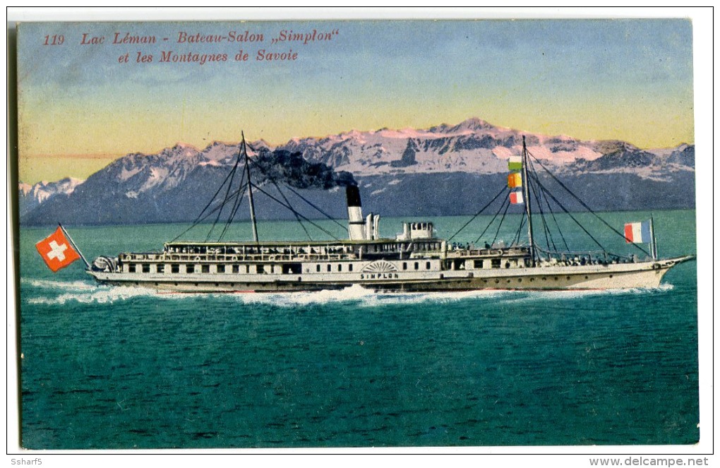 Lac Léman Bateau-salon SIMPLON Litho Couleurs Env. 1908 - Sonstige & Ohne Zuordnung