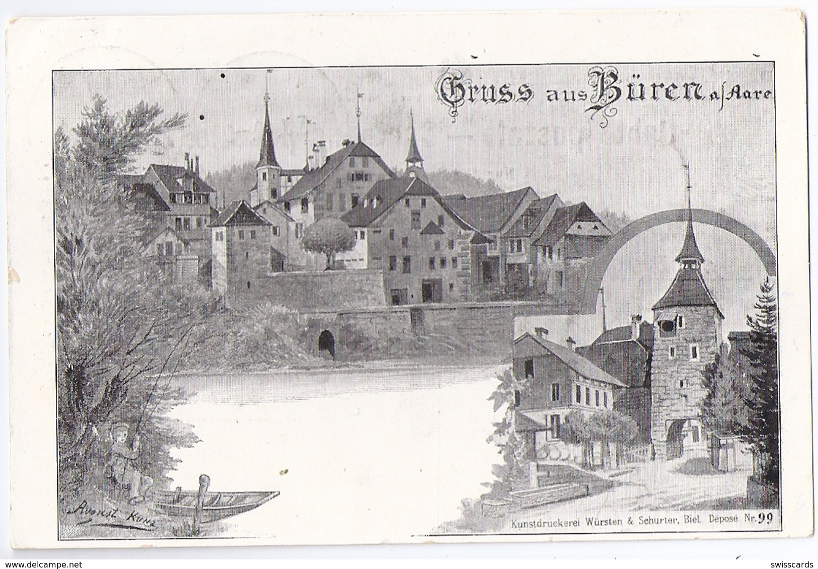 Gruss Aus BÜREN A/Aare: 2-Bild-Künstler-AK Würsten 1909 - Büren An Der Aare