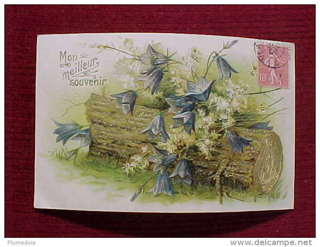 Cpa  FLEURS CAMPANULES Des BOIS, Relief Dorures 1906   SOUVENIR  , BLUE FLOWERS Of The WOOD Recto Verso Prix Fixe - Fleurs