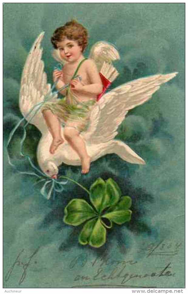 Gaufrée, Gauffrée, Embossed - Ange Angelot Cupidon Assis Sur Une Colombe - Angeli