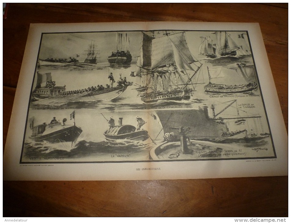 Guerre Navale Grav. Albert Sébille : LES EMBARCATIONS, Mise à La Mer De La Chaloupe, Etc (dim. Document = 50cm X 33cm - Barcos