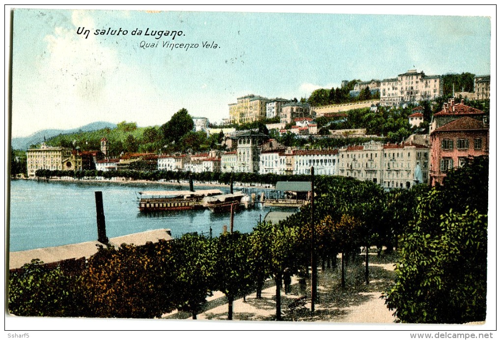 Un Saluto Da LUGANO Quai Vincenzo Vela Farblitho 1906 - Lugano