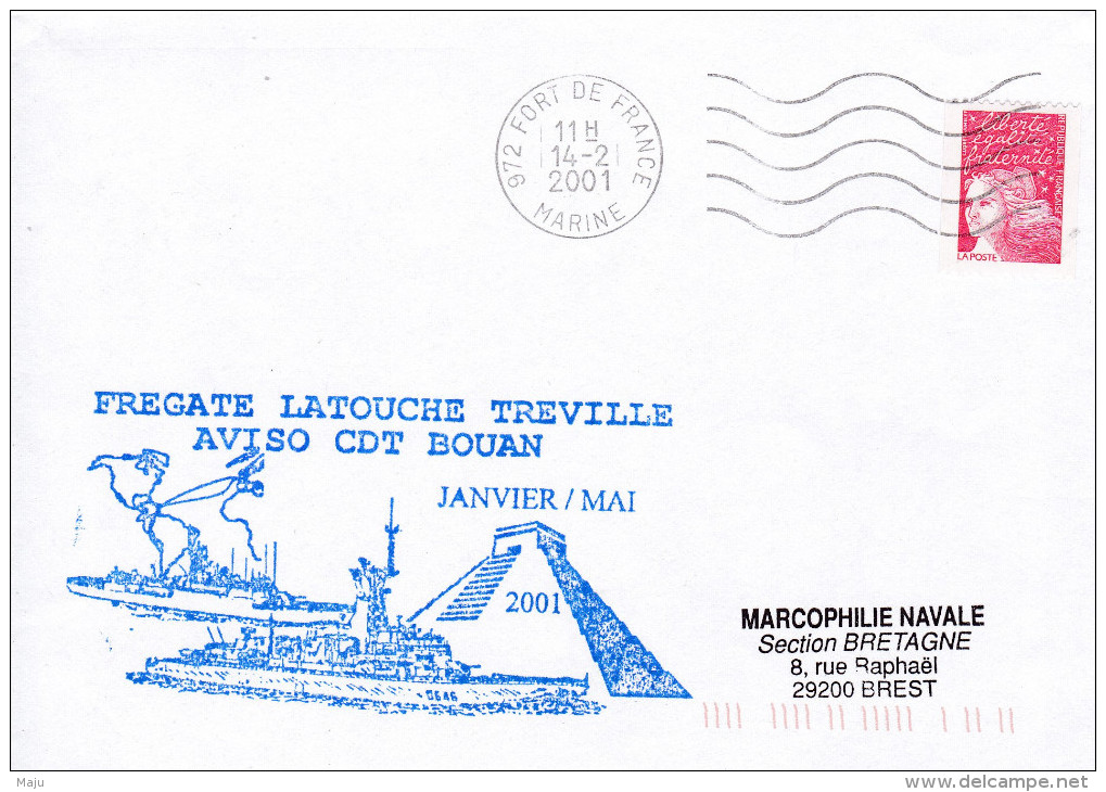 FREGATE LATOUCHE TREVILLE AVISO CDT BOUAN FORT DE FRANCE MARINE 14/2/2001 - Poste Navale