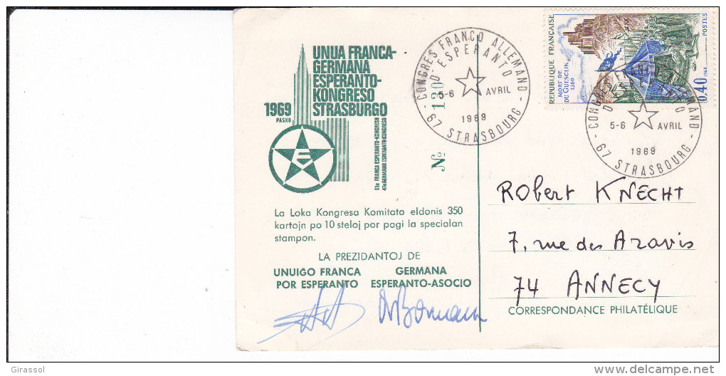 CPSM ESPERANTO CONGRES FRANCO ALLEMAND STRSBOURG 1969 TIMBRE FLAMME SIGNATURES - Esperanto